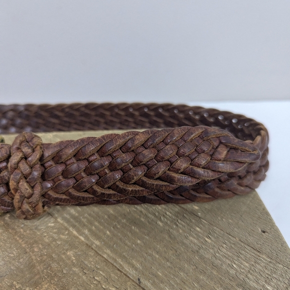 Vintage Brown Woven Leather Belt Brass Buckle Adjustable 41" Unisex Boho Western - Picture 4 of 7